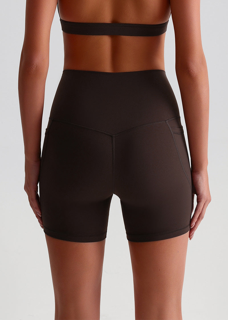 SisFlow™ No Line Yoga Pockets Shorts-Colorful Workout Shorts-Chocolate Brown-2