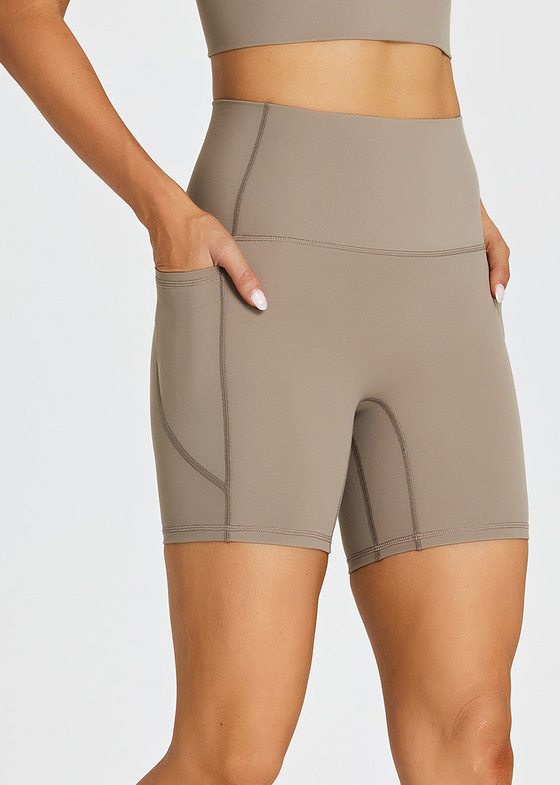 SisFlow™ No Line Yoga Pockets Shorts-Colorful Workout Shorts-Sand-1