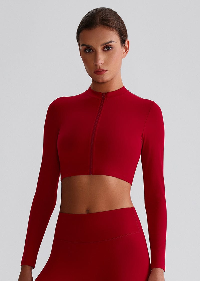 SISQUEEN Cropped Sports Jacket – Long Sleeve Yoga Workout Top-Red Sports Jacket-16