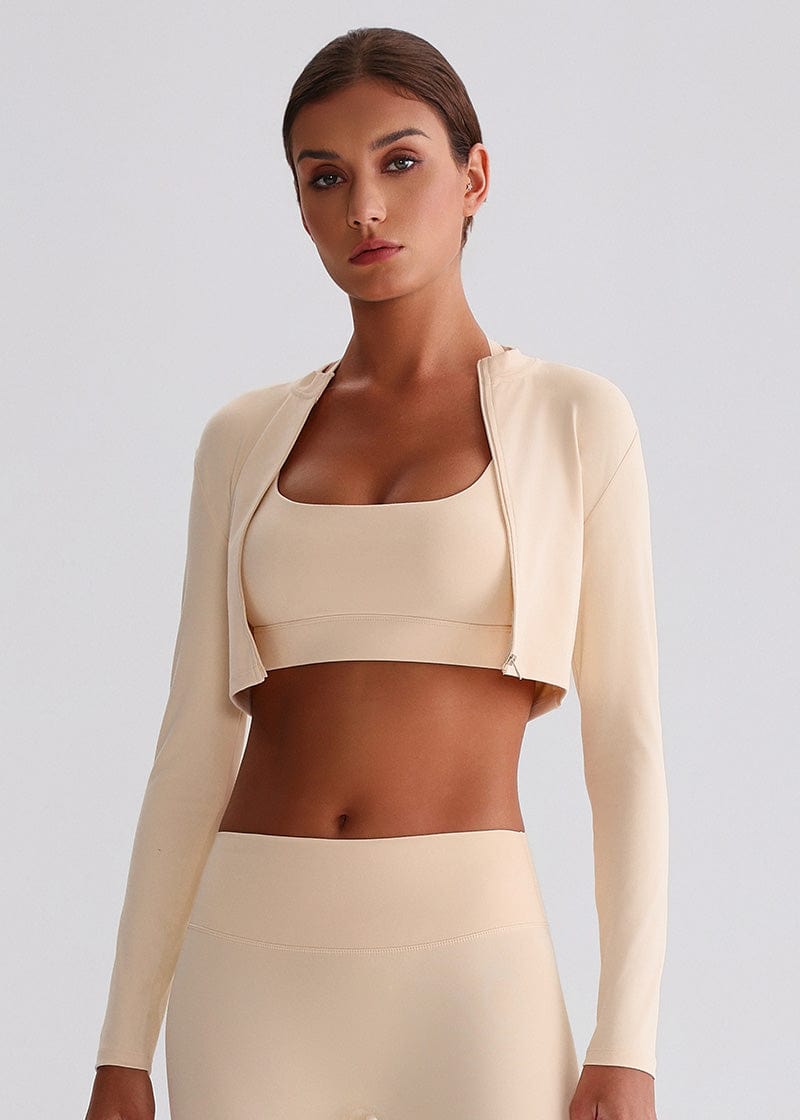 SISQUEEN Cropped Sports Jacket – Long Sleeve Yoga Workout Top-White Sports Jacket-28