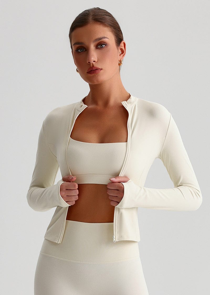 SISQUEEN Fitted Sports Jacket - Women’s Workout Zip Top-White Sports Jacket-31