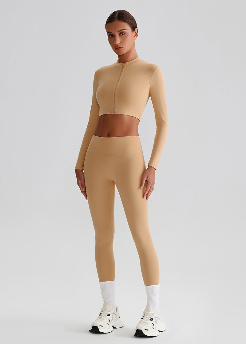 SISQUEEN Cropped Sports Jacket – Long Sleeve Yoga Workout Top-Brown Sports Jacket-27