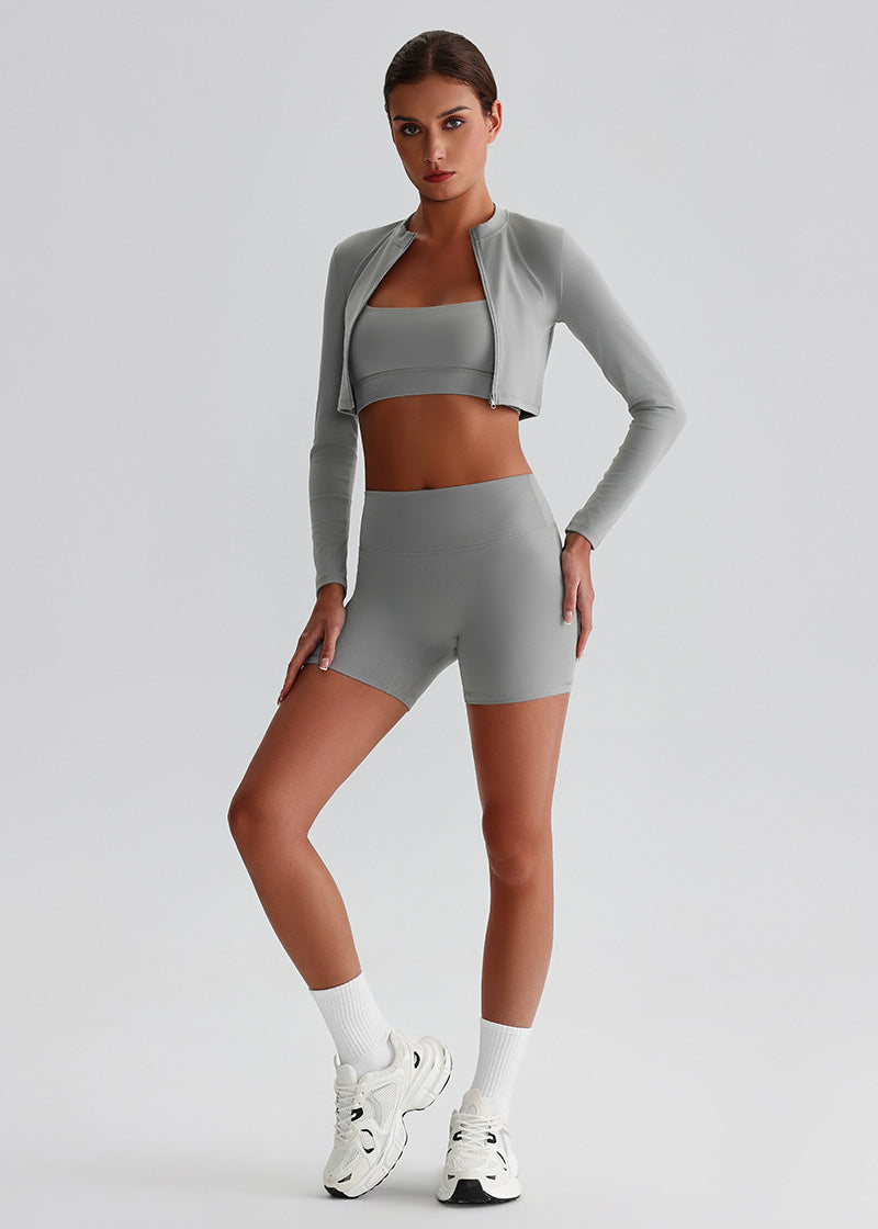 SISQUEEN Cropped Sports Jacket – Long Sleeve Yoga Workout Top-Gray Sports Jacket-24