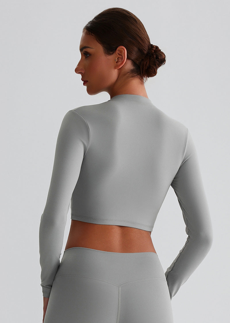 SISQUEEN Cropped Sports Jacket – Long Sleeve Yoga Workout Top-Gray Sports Jacket-23