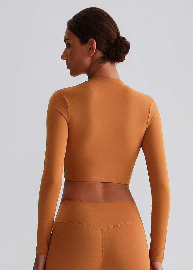 SISQUEEN Cropped Sports Jacket – Long Sleeve Yoga Workout Top-Brown Sports Jacket-20