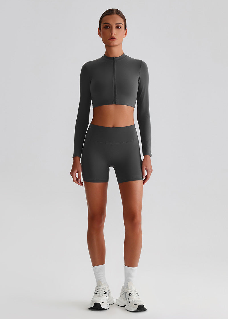 SISQUEEN Cropped Sports Jacket – Long Sleeve Yoga Workout Top-Gray Sports Jacket-09
