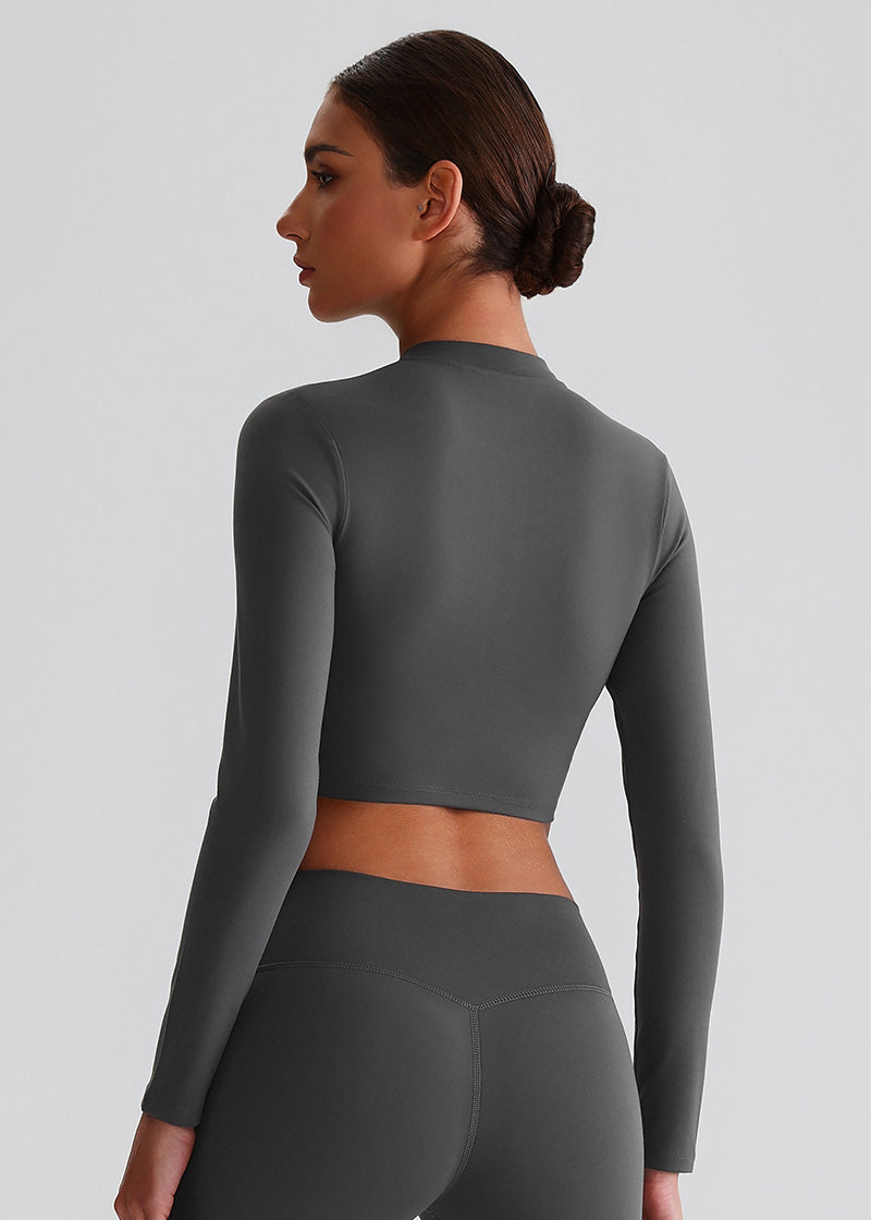 SISQUEEN Cropped Sports Jacket – Long Sleeve Yoga Workout Top-Gray Sports Jacket-08