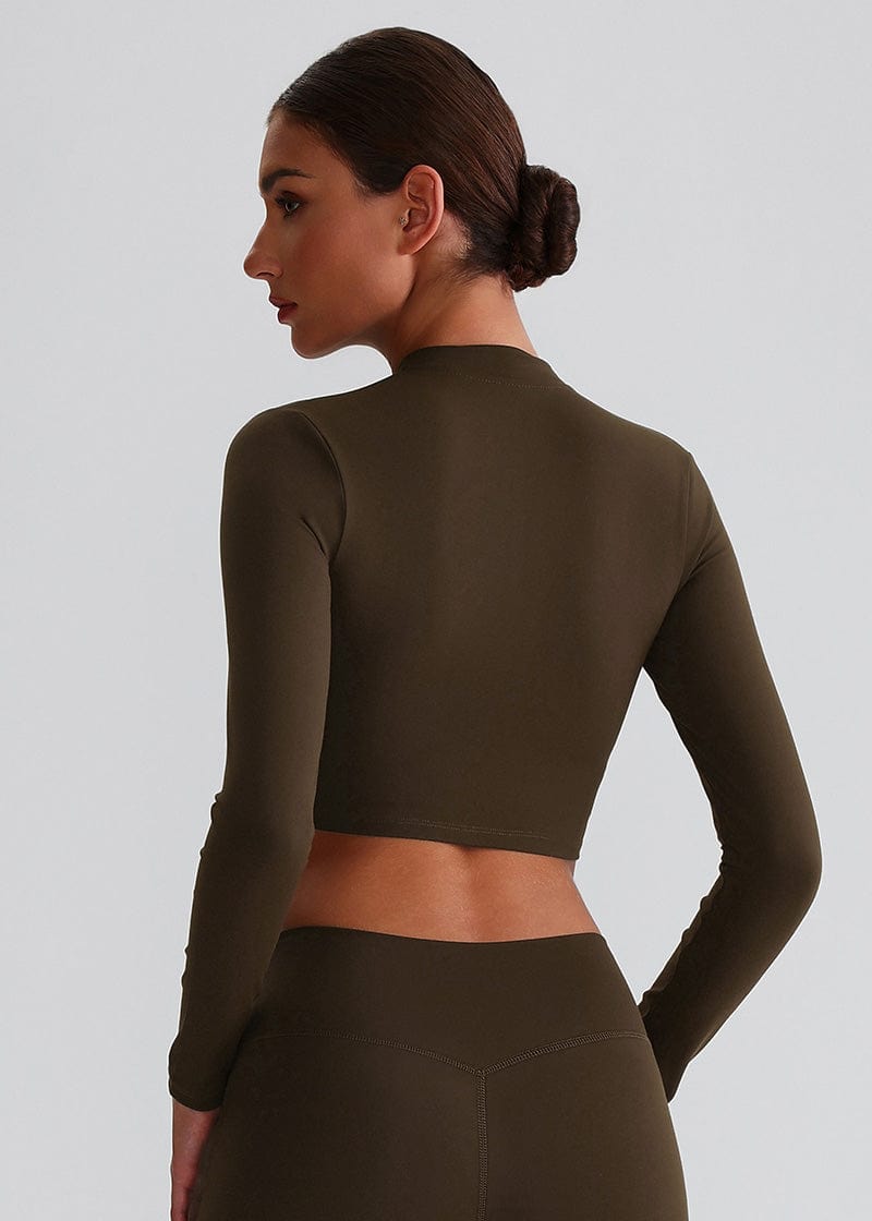 SISQUEEN Cropped Sports Jacket – Long Sleeve Yoga Workout Top-Brown Sports Jacket-05