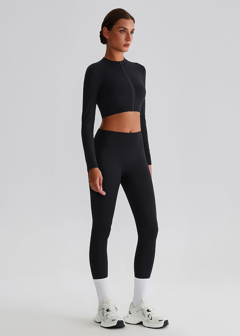 SISQUEEN Cropped Sports Jacket – Long Sleeve Yoga Workout Top-Black Sports Jacket-03