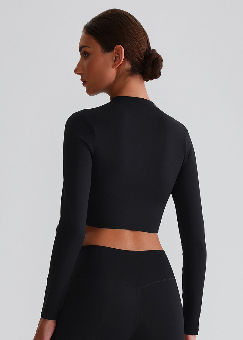 SISQUEEN Cropped Sports Jacket – Long Sleeve Yoga Workout Top-Black Sports Jacket-02