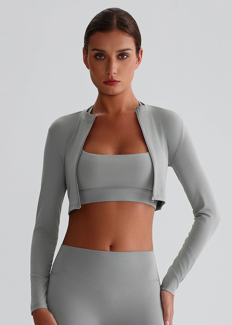 SISQUEEN Cropped Sports Jacket – Long Sleeve Yoga Workout Top-Gray Sports Jacket-22