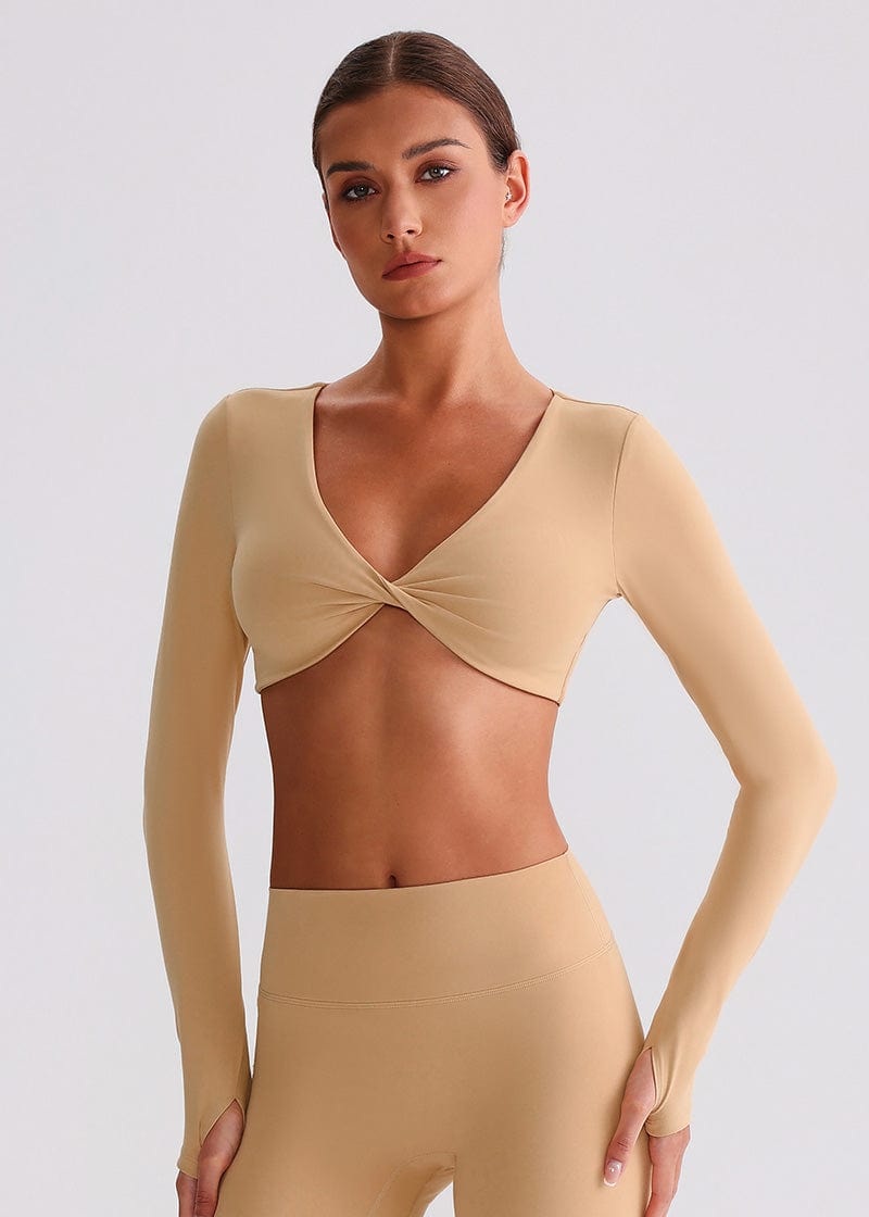 SISQUEEN Twist Crop Long Sleeve Shirt – Yoga Workout Top-Brown Sports Top-25