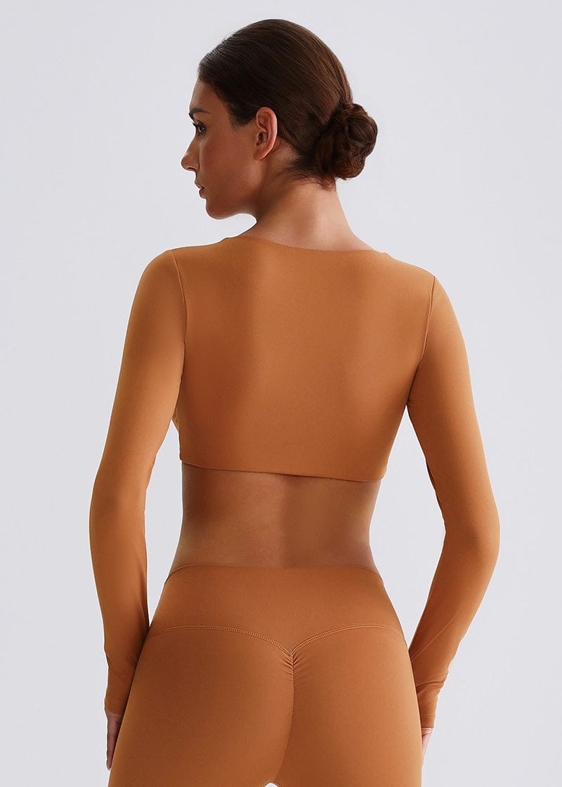 SISQUEEN Twist Crop Long Sleeve Shirt – Yoga Workout Top-Brown Sports Top-23