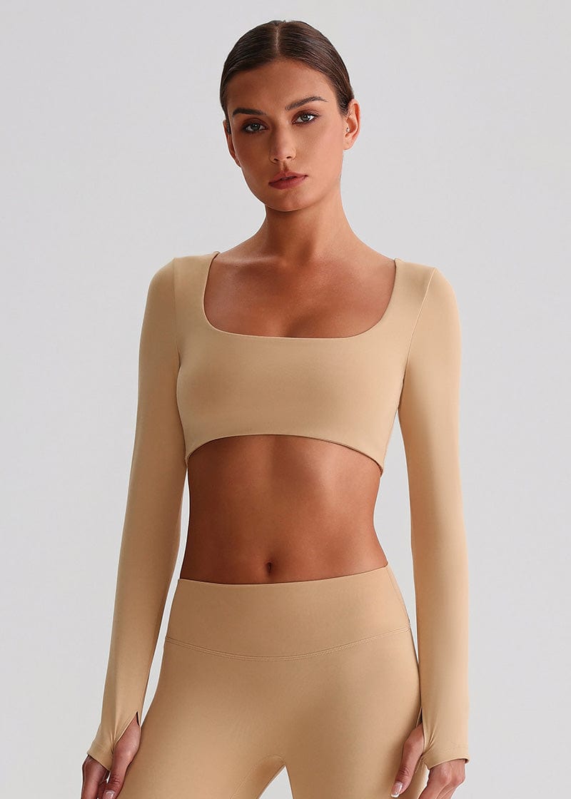 SISQUEEN Crop Long Sleeve Shirt - Women’s Yoga Sports Top-Brown Sports Top-19