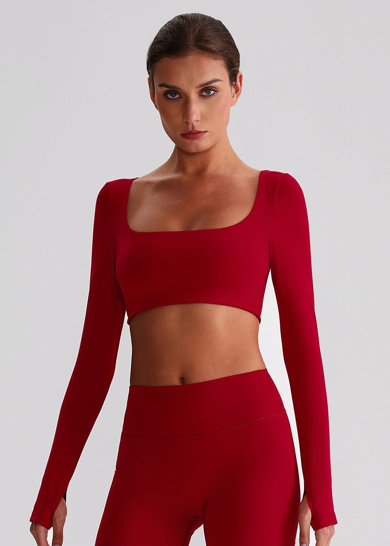 SISQUEEN Crop Long Sleeve Shirt - Women’s Yoga Sports Top-Red Sports Top-13