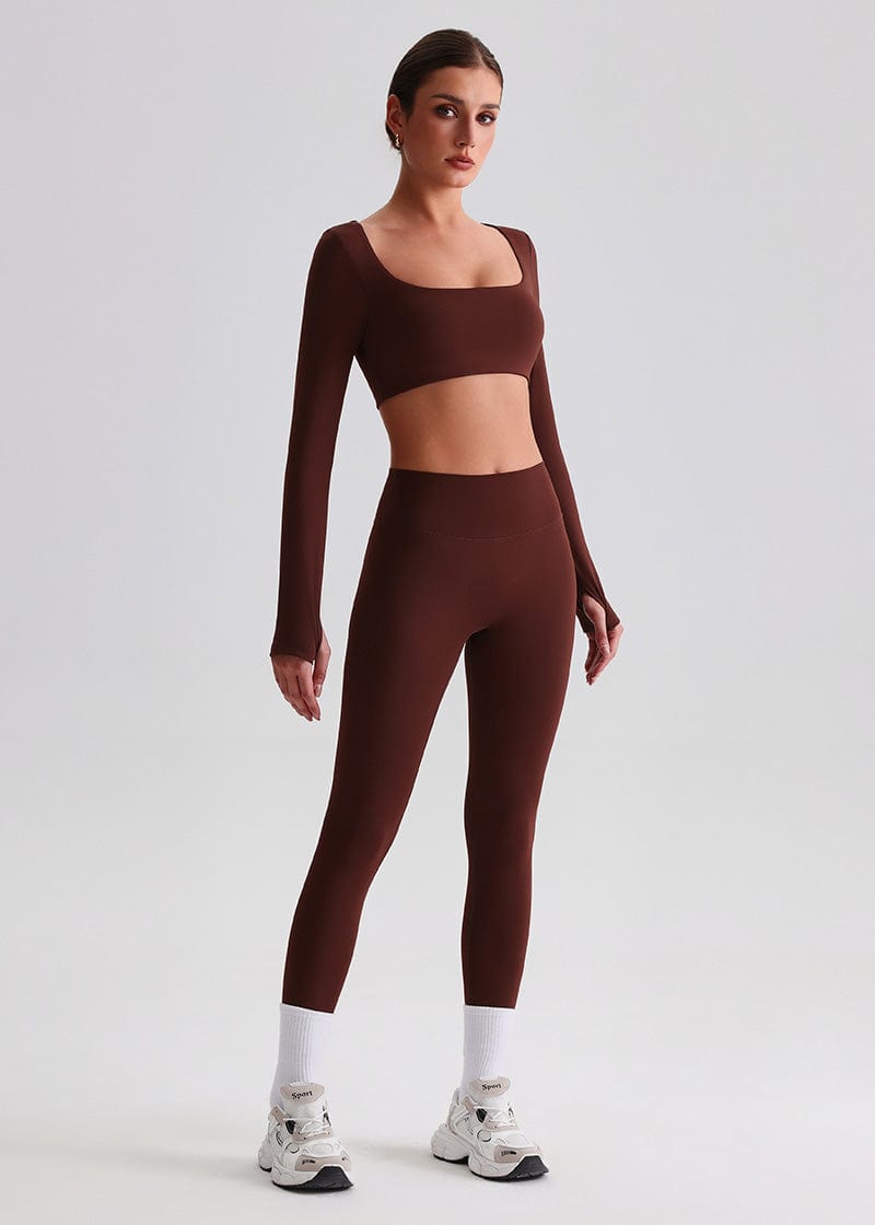SISQUEEN Crop Long Sleeve Shirt - Women’s Yoga Sports Top-Brown Sports Top-09