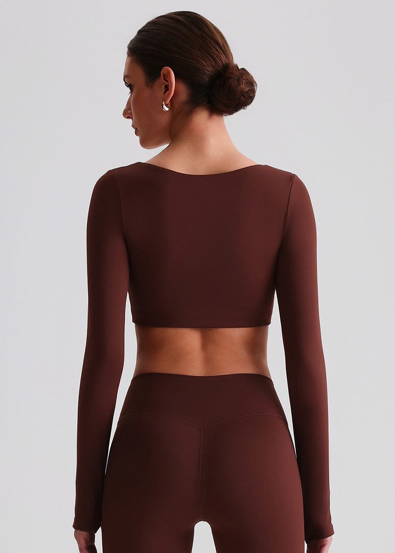 SISQUEEN Crop Long Sleeve Shirt - Women’s Yoga Sports Top-Brown Sports Top-08