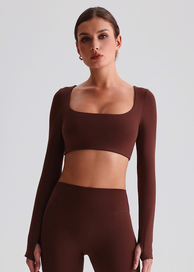 SISQUEEN Crop Long Sleeve Shirt - Women’s Yoga Sports Top-Brown Sports Top-07
