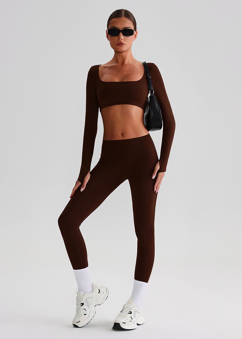 SISQUEEN Crop Long Sleeve Shirt - Women’s Yoga Sports Top-Brown Sports Top-06