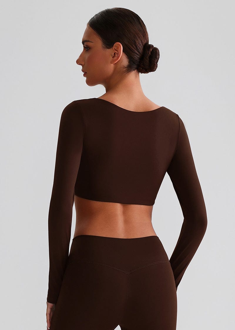 SISQUEEN Crop Long Sleeve Shirt - Women’s Yoga Sports Top-Brown Sports Top-05