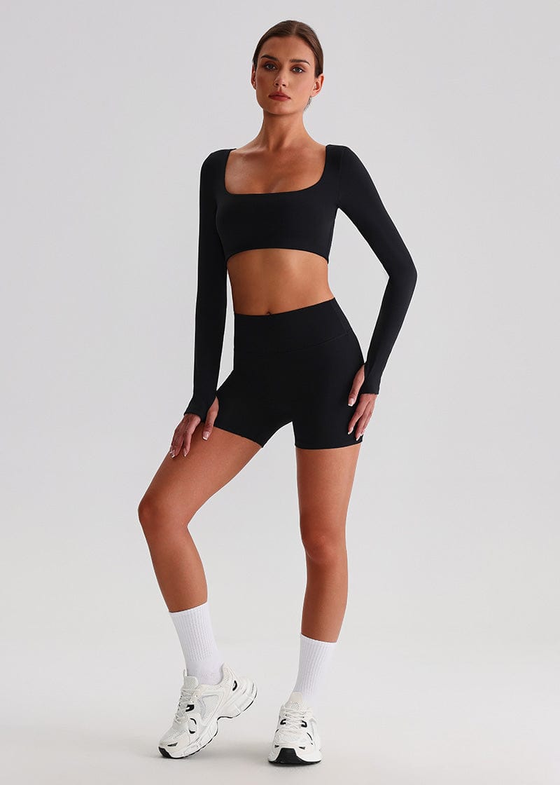 SISQUEEN Crop Long Sleeve Shirt - Women’s Yoga Sports Top-Black Sports Top-03