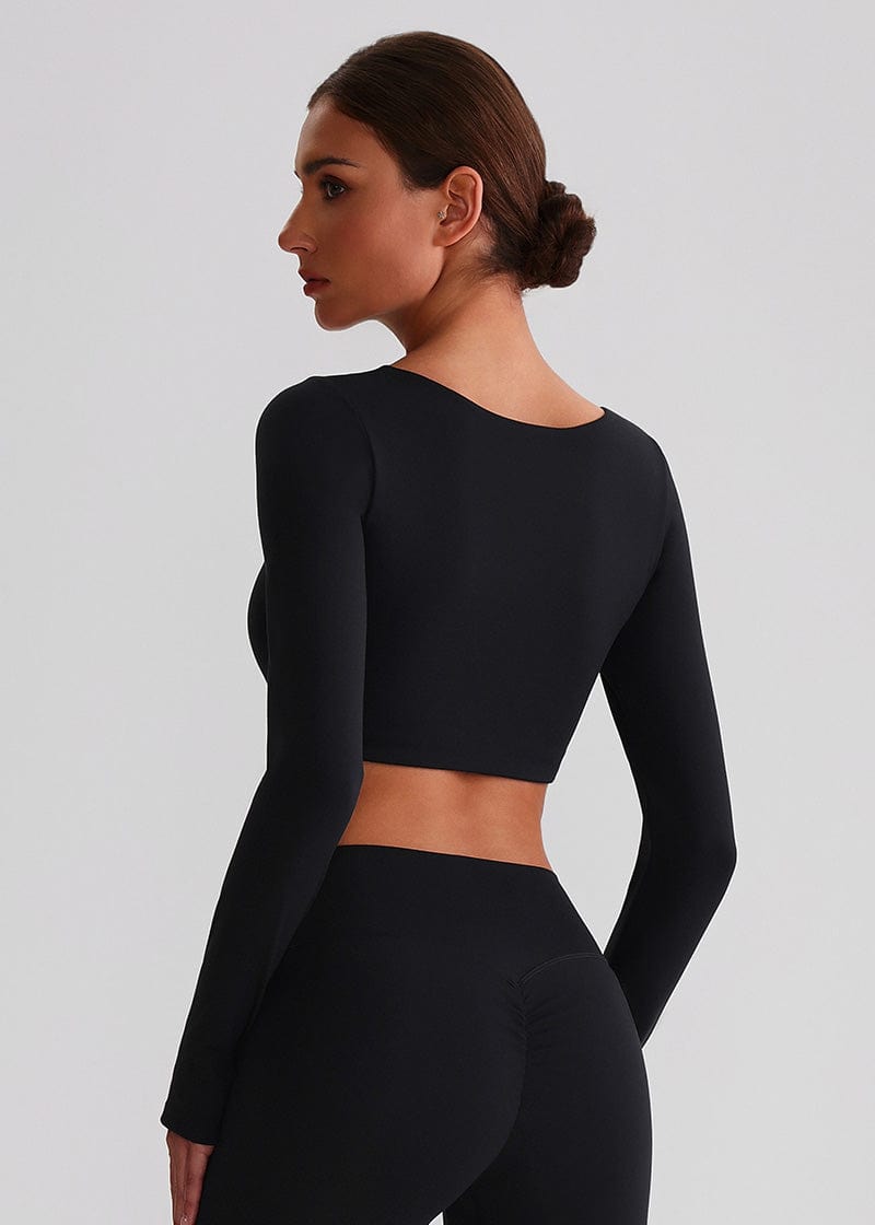 SISQUEEN Crop Long Sleeve Shirt - Women’s Yoga Sports Top-Black Sports Top-02
