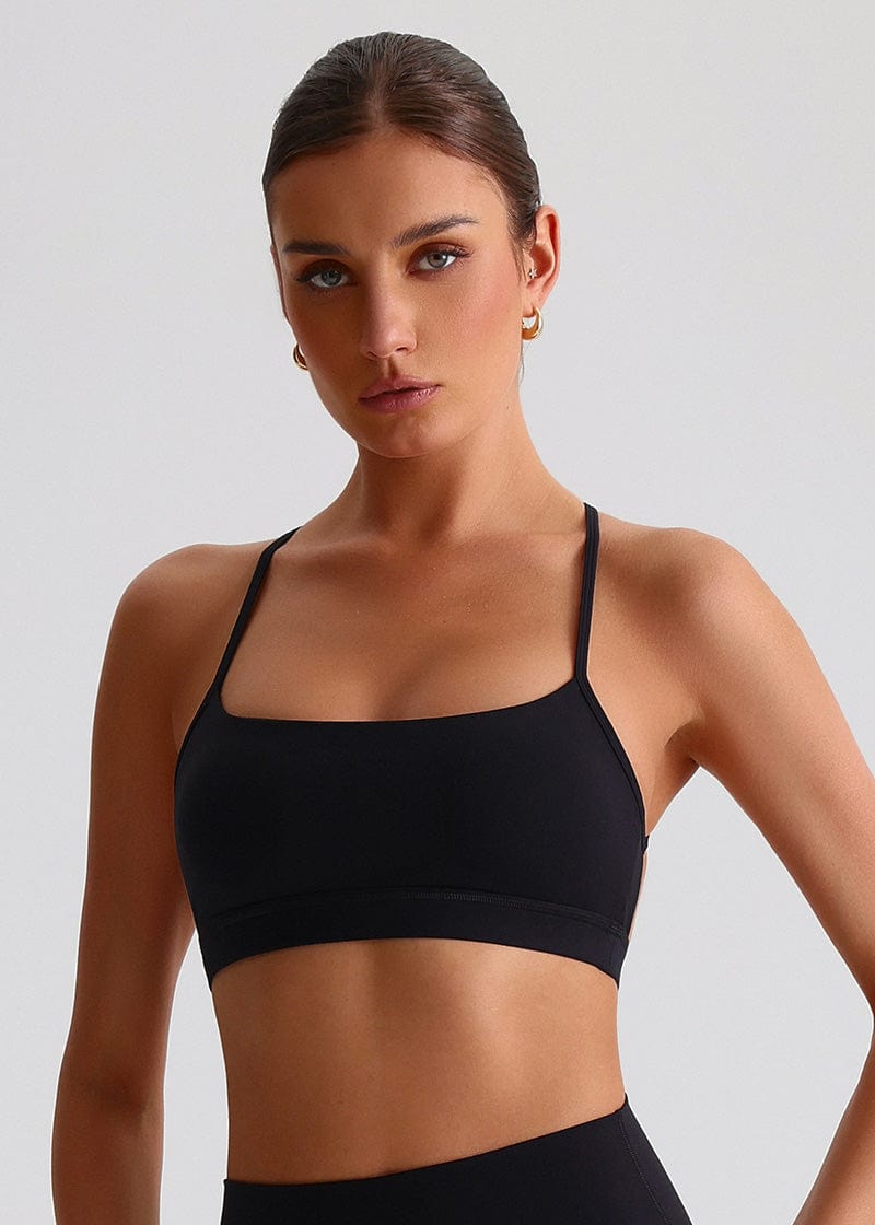 SISQUEEN Open Back Sports Bra - Strappy Cross Back Yoga Top-Black Sports Bra-01