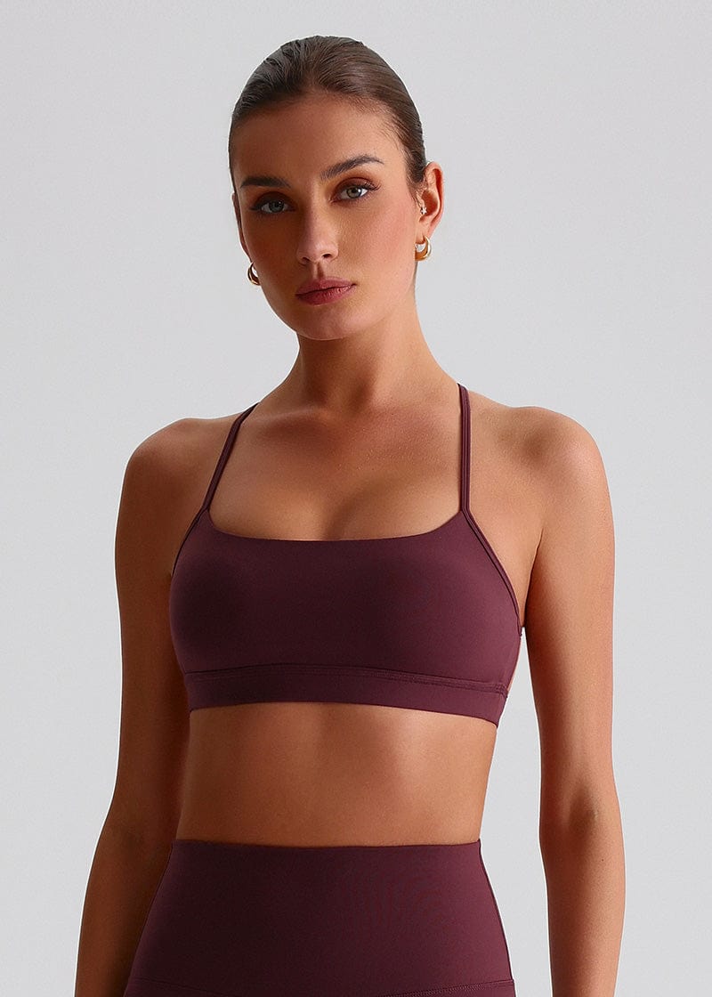 SISQUEEN Open Back Sports Bra - Strappy Cross Back Yoga Top-Brown Sports Bra-07