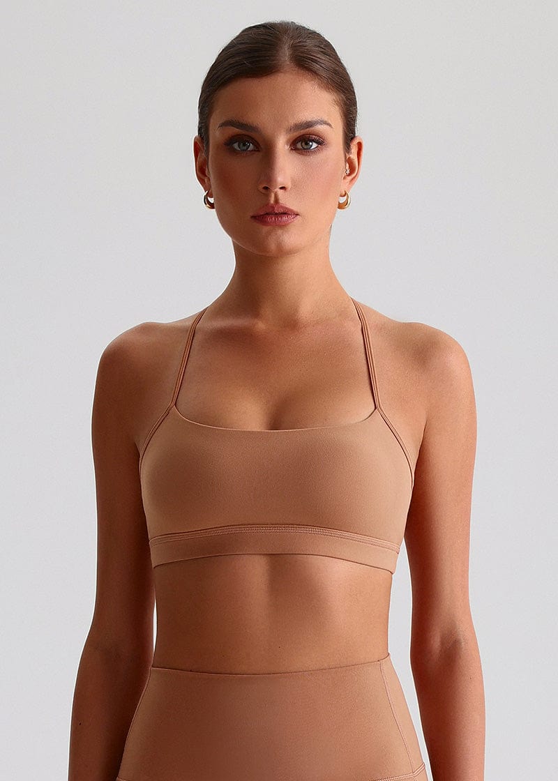 SISQUEEN Open Back Sports Bra - Strappy Cross Back Yoga Top-Brown Sports Bra-25