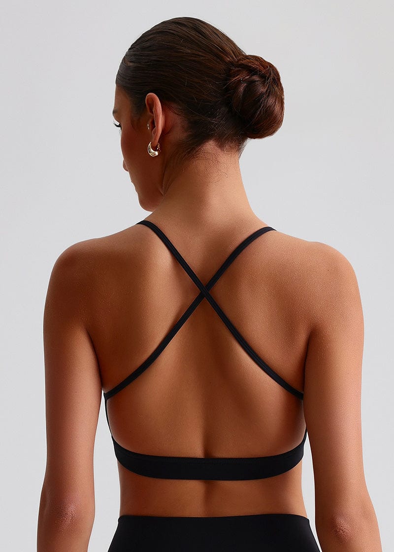 SISQUEEN Open Back Sports Bra - Strappy Cross Back Yoga Top-Black Sports Bra-02