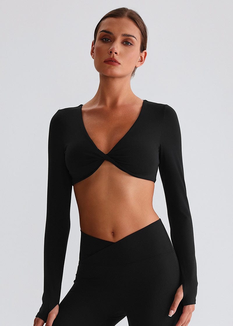 SISQUEEN Twist Crop Long Sleeve Shirt – Yoga Workout Top-Black Sports Top-01