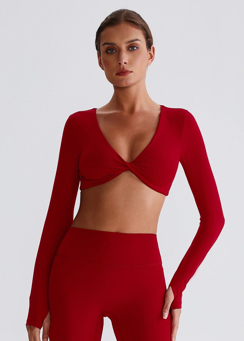 SISQUEEN Twist Crop Long Sleeve Shirt – Yoga Workout Top-Red Sports Top-13