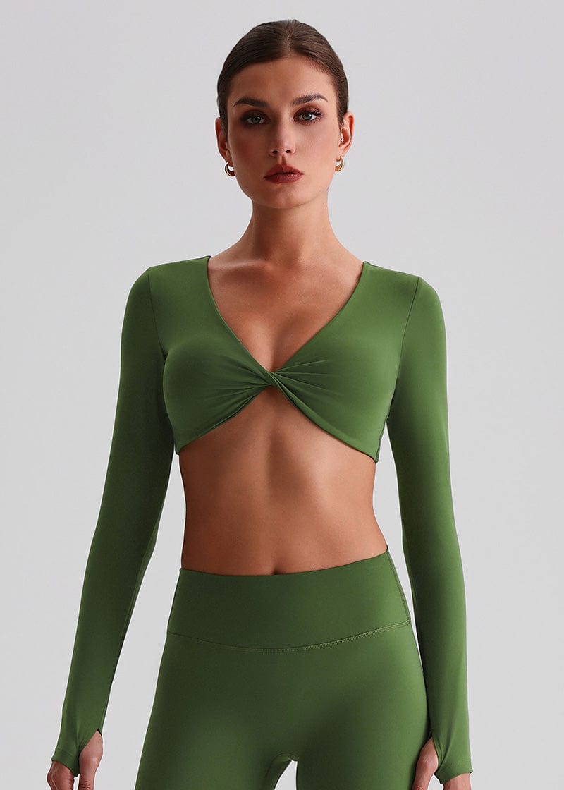 SISQUEEN Twist Crop Long Sleeve Shirt – Yoga Workout Top-Green Sports Top-16