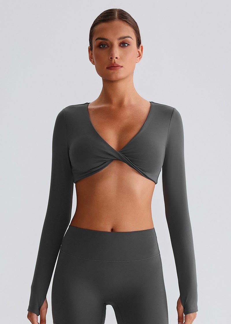 SISQUEEN Twist Crop Long Sleeve Shirt – Yoga Workout Top-Gray Sports Top-04