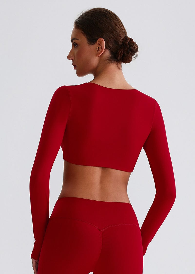 SISQUEEN Twist Crop Long Sleeve Shirt – Yoga Workout Top-Red Sports Top-14