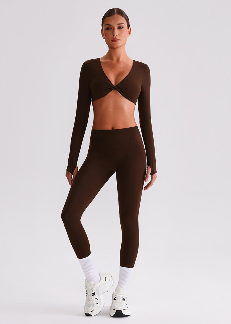 SISQUEEN Twist Crop Long Sleeve Shirt – Yoga Workout Top-Brown Sports Top-09