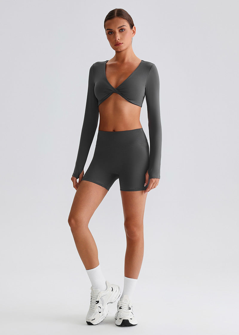 SISQUEEN Twist Crop Long Sleeve Shirt – Yoga Workout Top-Gray Sports Top-06