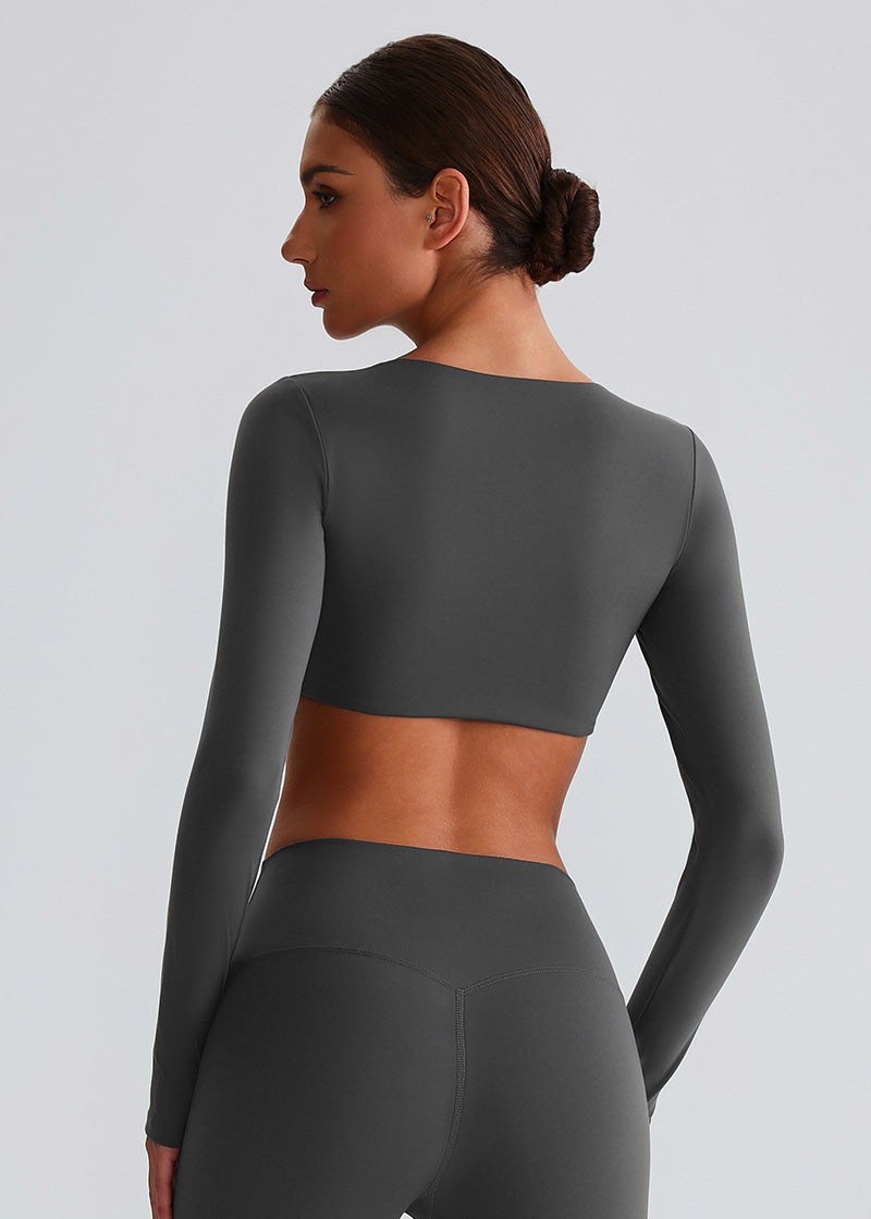 SISQUEEN Twist Crop Long Sleeve Shirt – Yoga Workout Top-Gray Sports Top-05