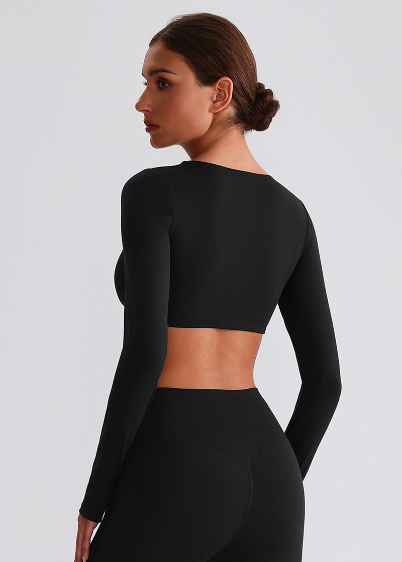 SISQUEEN Twist Crop Long Sleeve Shirt – Yoga Workout Top-Black Sports Top-02